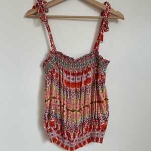 Rachel Zoe Multicolor Smocked Boho Tie Straps Floral Paisley Print Tank Medium